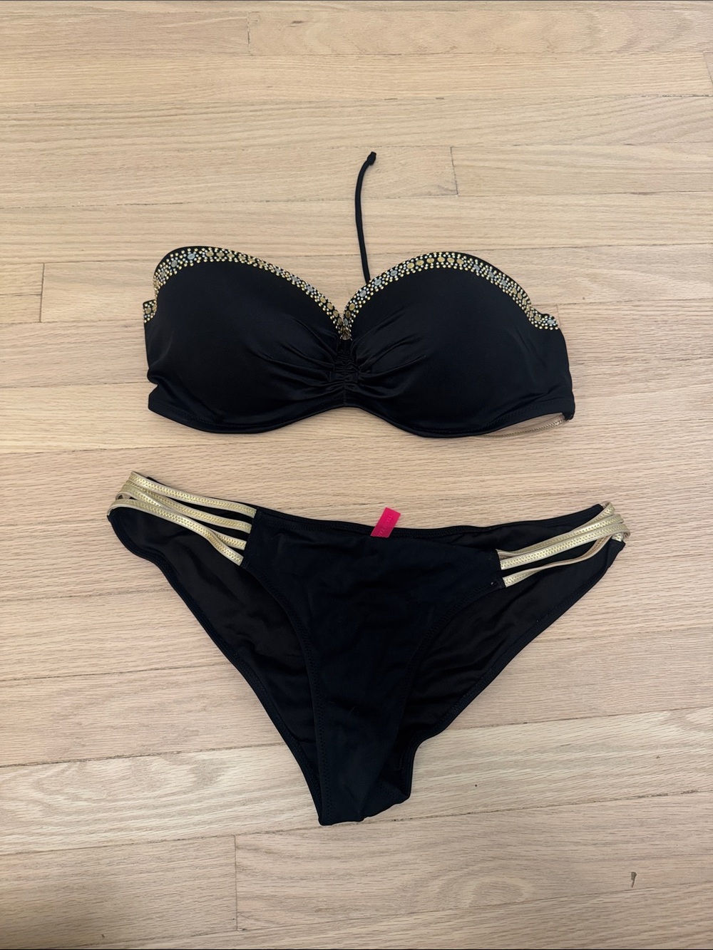 Victoria's Secret Black Bikini Set with Gold Accents - Women Swim